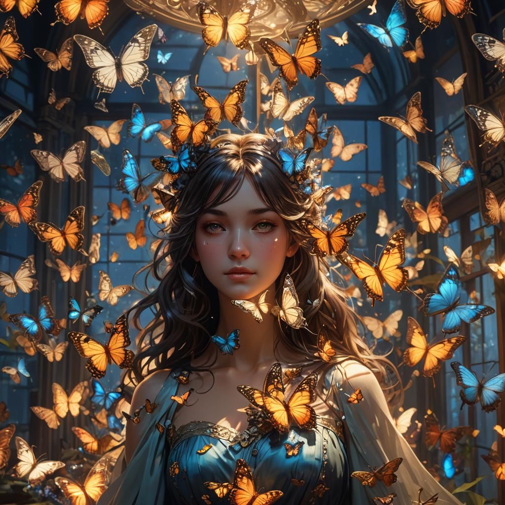 Butterfly Lampshade Morphing in Moonlight: Hyperdetailed Art