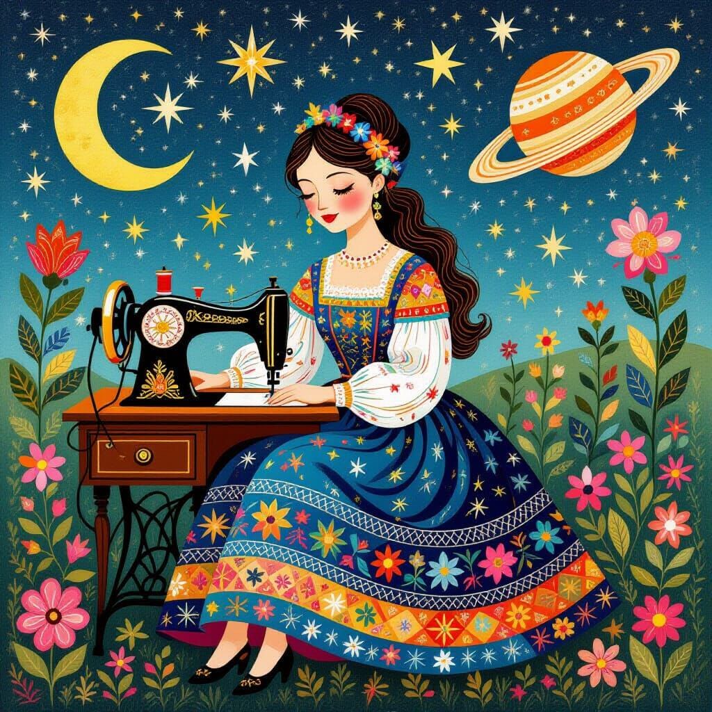 Celestial Seamstress in Folk Art Style