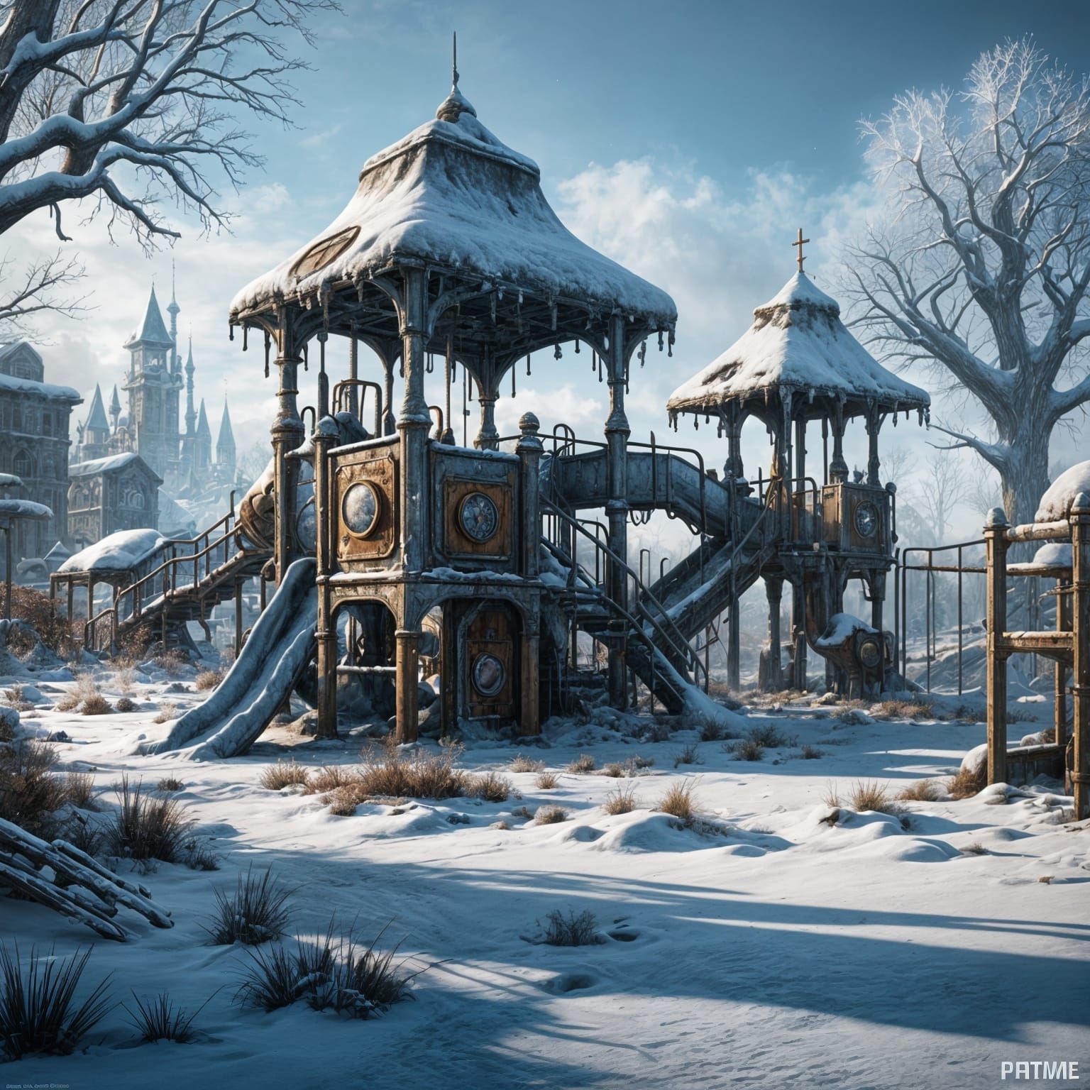 Winter Apocalypse at a Fantastical Playground, Photorealisti...