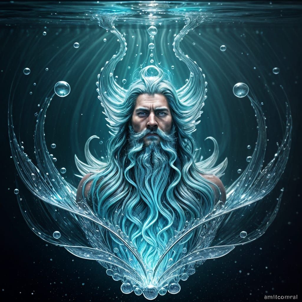 Ornate beard composed entirely of water, gently flowing down...