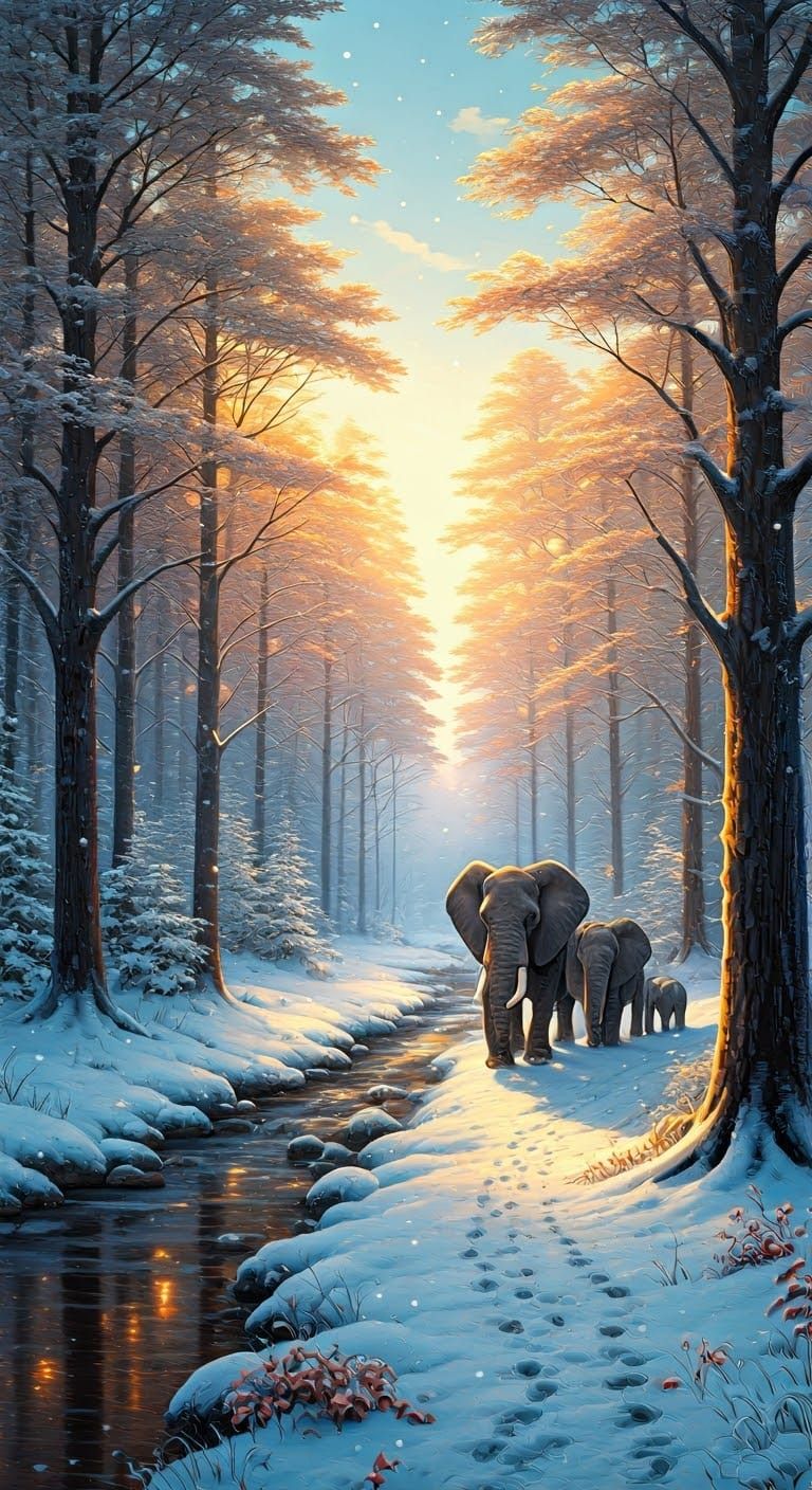 Elephants Roam a Winter Wonderland in Dreamy Landscape