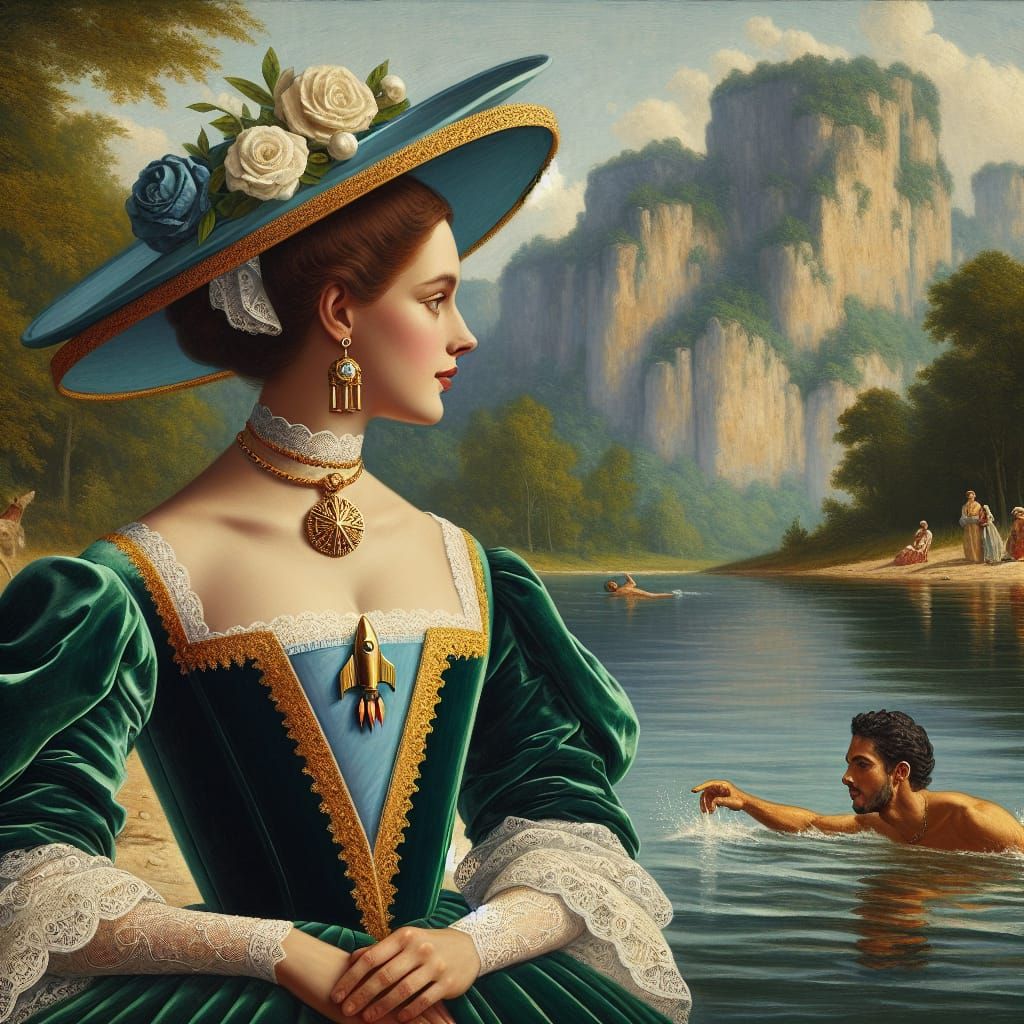 Renaissance Woman Observes Swimmer in Lake