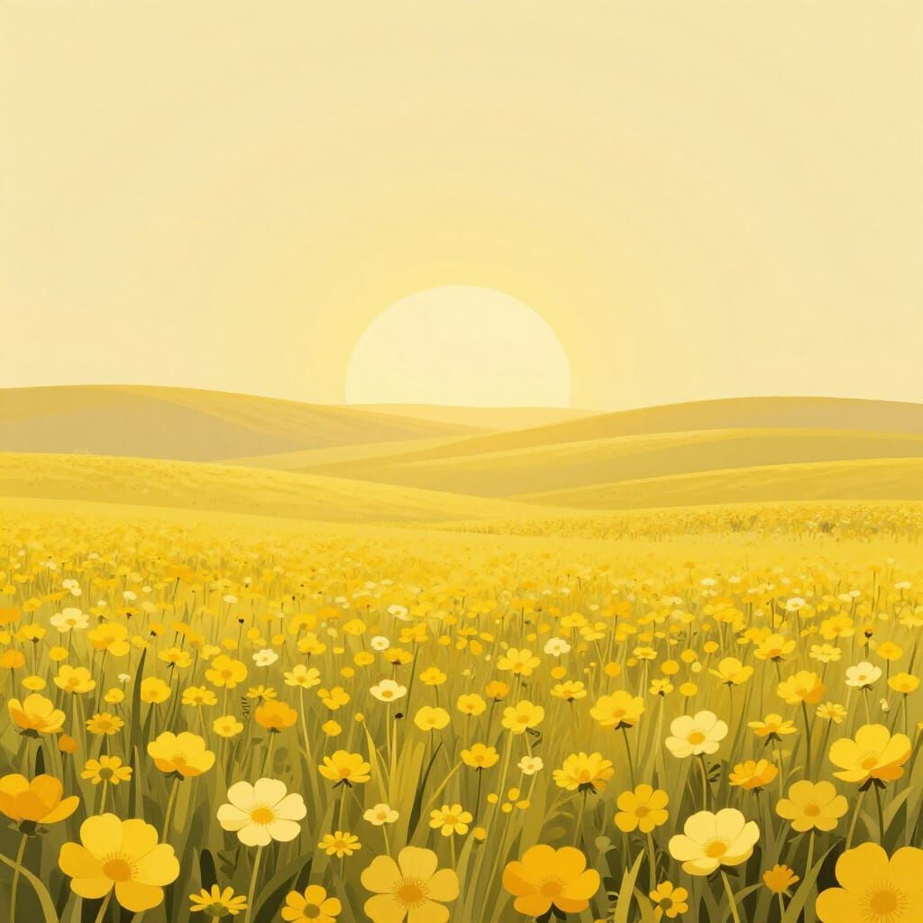 Minimalist Yellow Landscape with Geometric Flowers