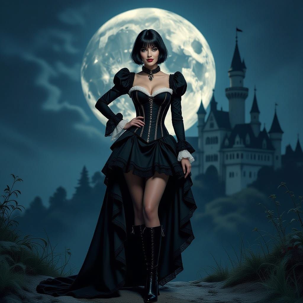 Ethereal Woman in Victorian Corset Under Full Moon