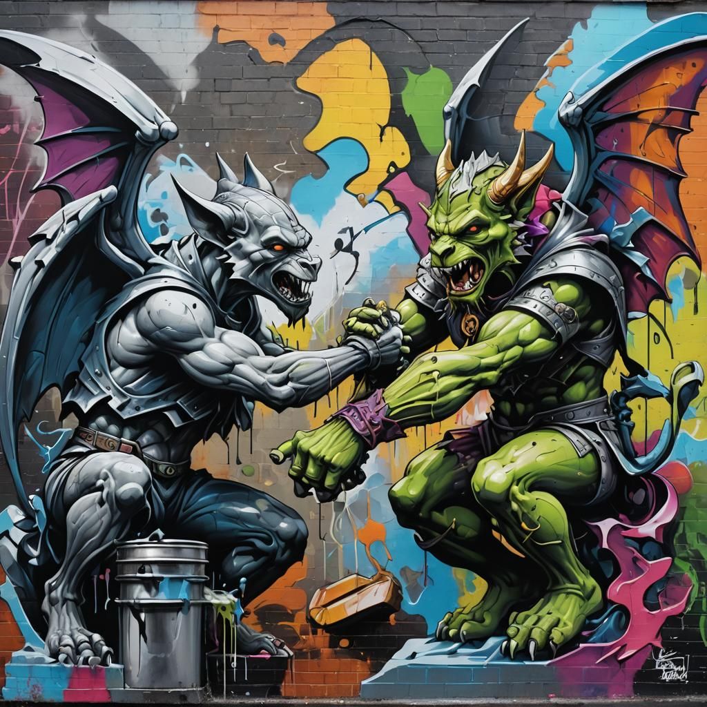 Gargoyle vs Archer in Graffiti Street Art