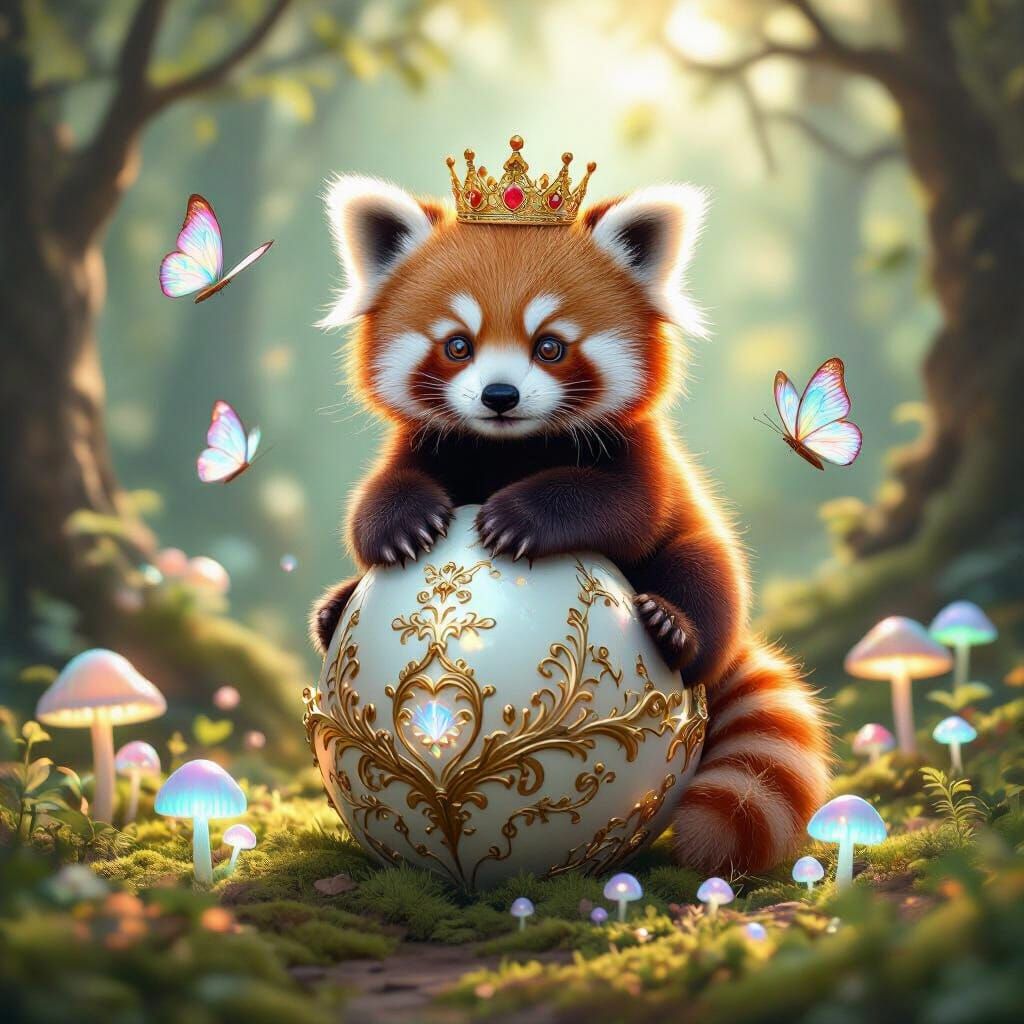 Red Panda Cub with Crown on Ornate Egg in Enchanted Forest