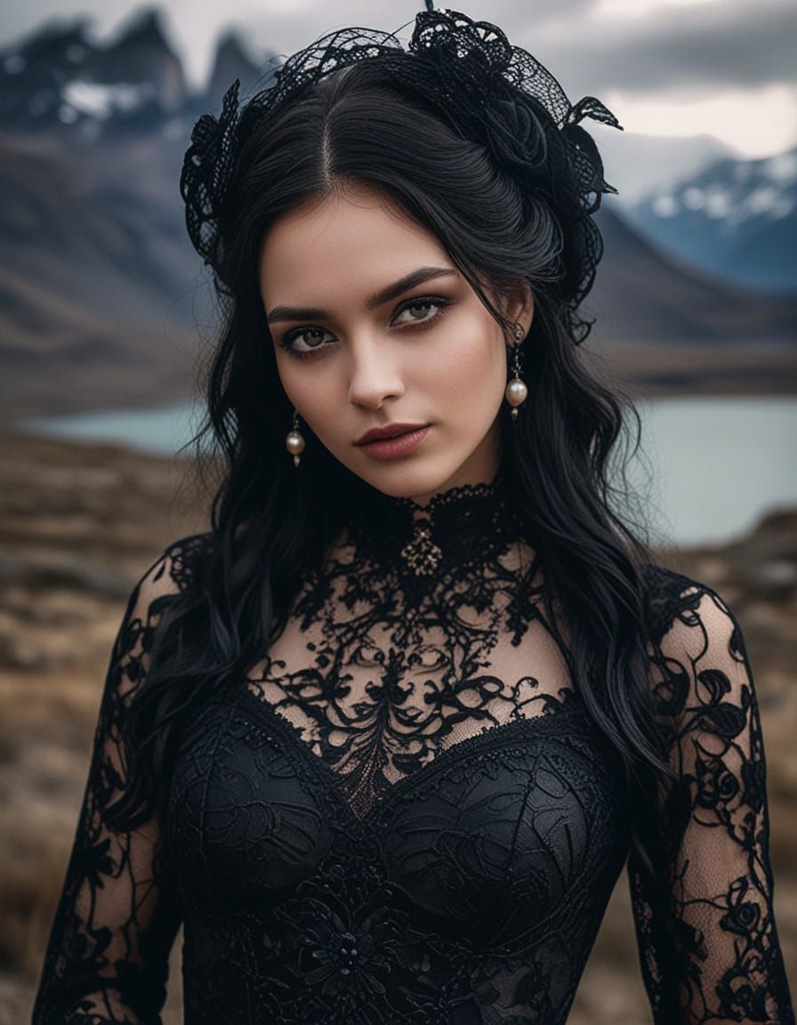 Gothic Chilean Lady in Torres del Paine Landscape