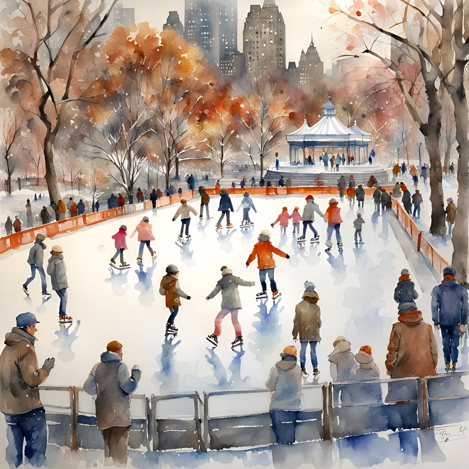 Ice-skating in New York’s Central Park (watercolor)