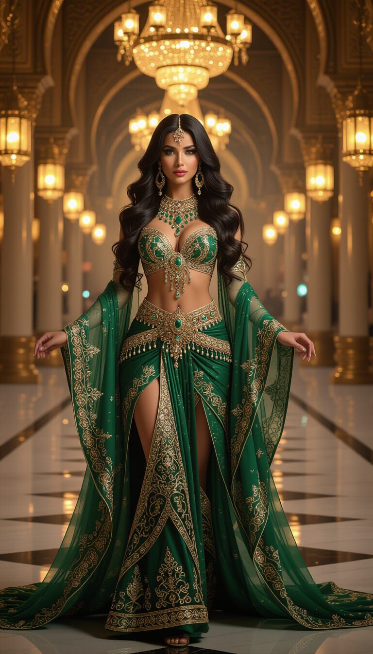 Enchanting Arabian Queen in Golden Palace: Digital Portrait