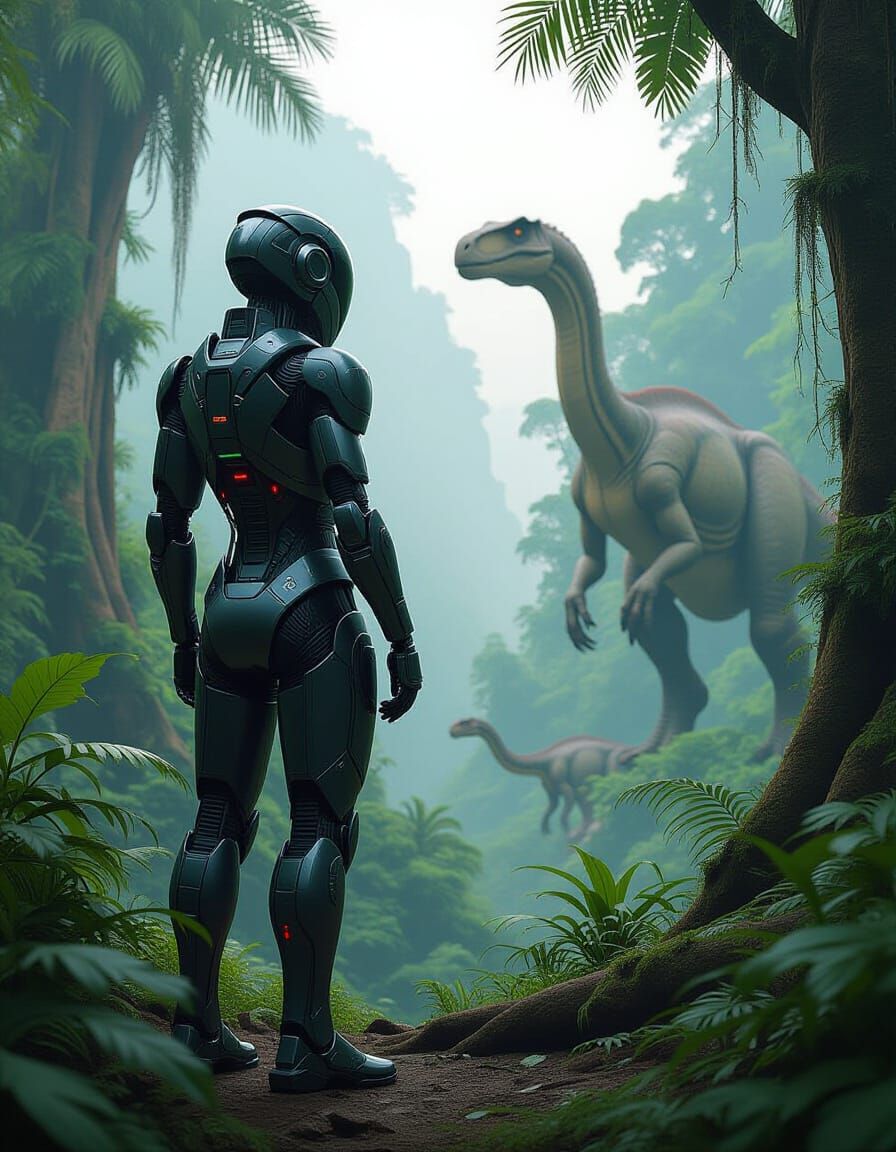 Futuristic Cyborg Meets Dinosaurs in Lush Jungle