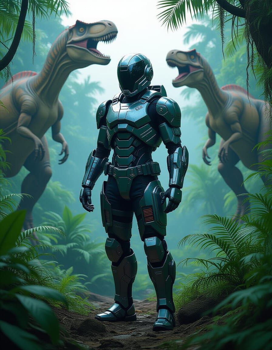 Futuristic Cyborg Meets Dinosaurs in Neon Jungle