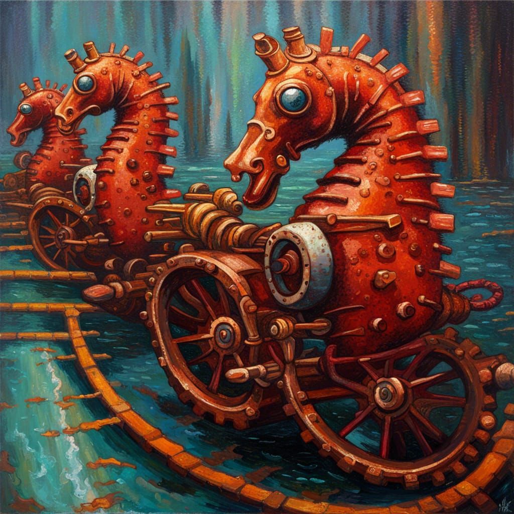 Mechanical Seahorse Race, Expressionist Oil Painting