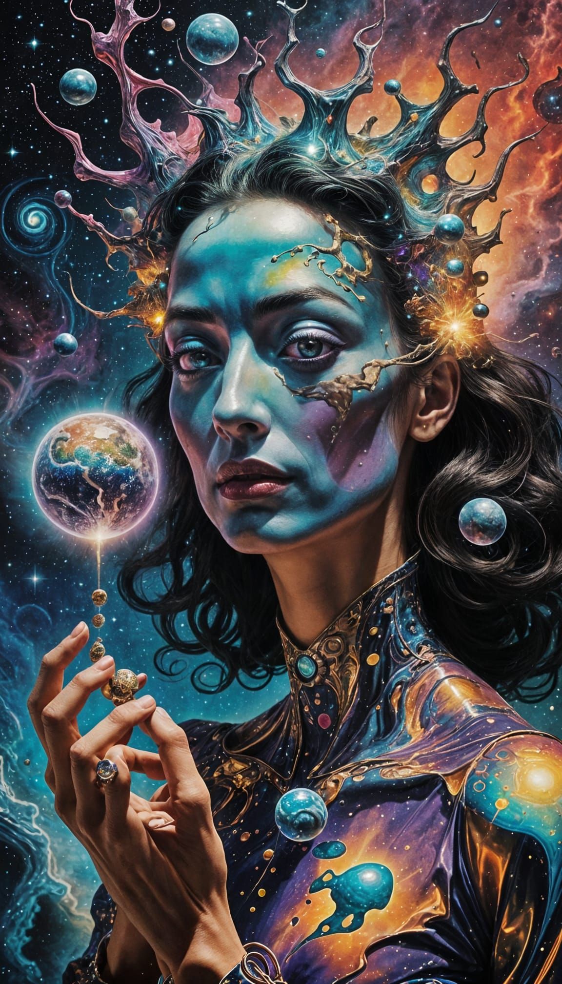 Alien Woman Bites Earth in Cosmic Portrait