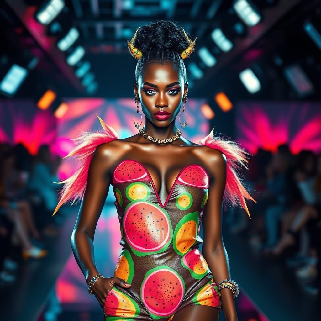 Glamorous Black Model Struts Down Futuristic Runway in Neon ...
