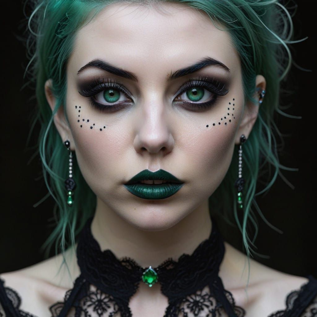 Goth Twin Goddess in Emerald Lipstick and Heavy Mascara
