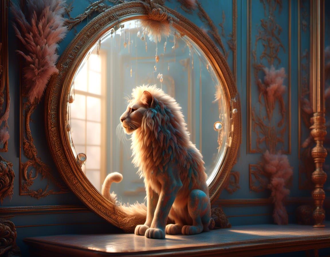 Kitten's Mirrored Lion Reflection in Fantasy Style