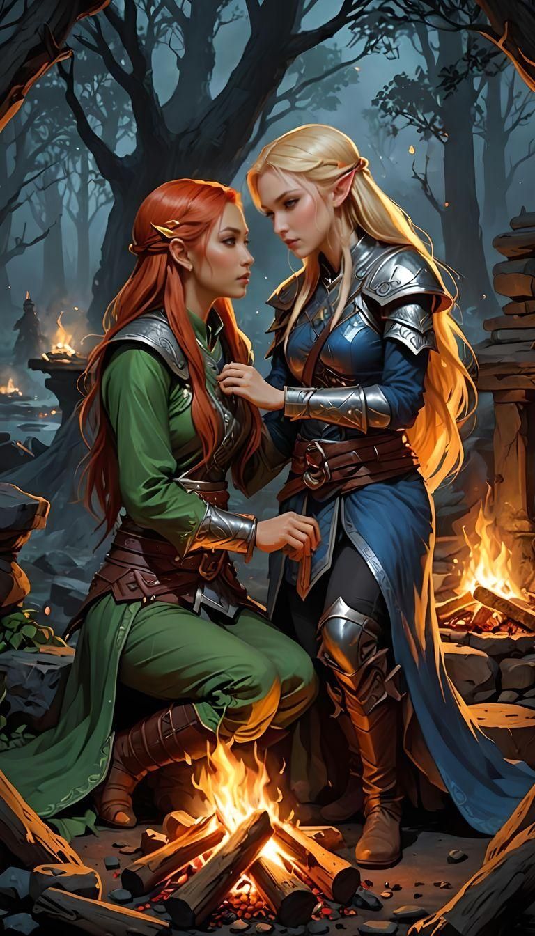 Fantasy Lesbian Love Around Campfire, Dungeons and Dragons A...