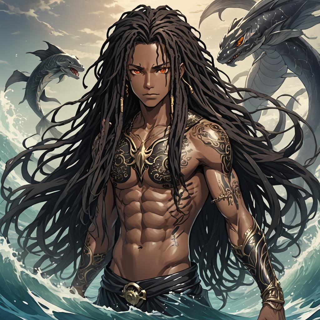 Black Merman with Dreadlocks in Anime Style