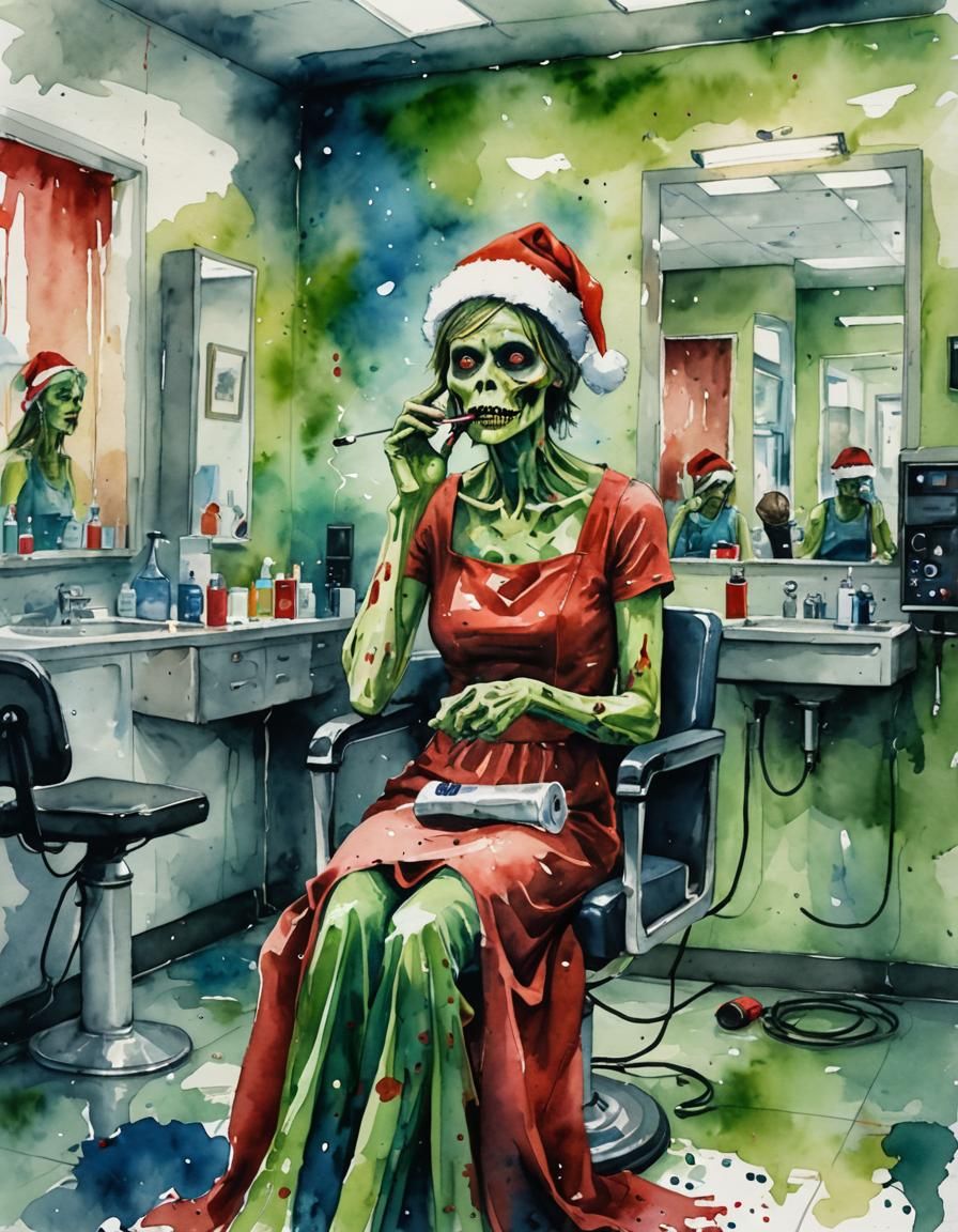 Zombie Woman in Beauty Salon: Watercolor Painting
