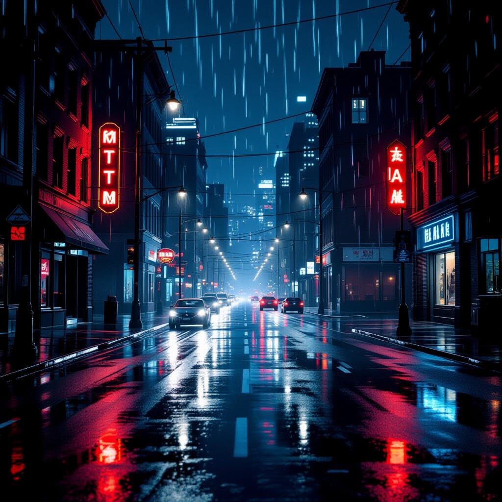 Rainy City Street at Night in Neo-Noir Style