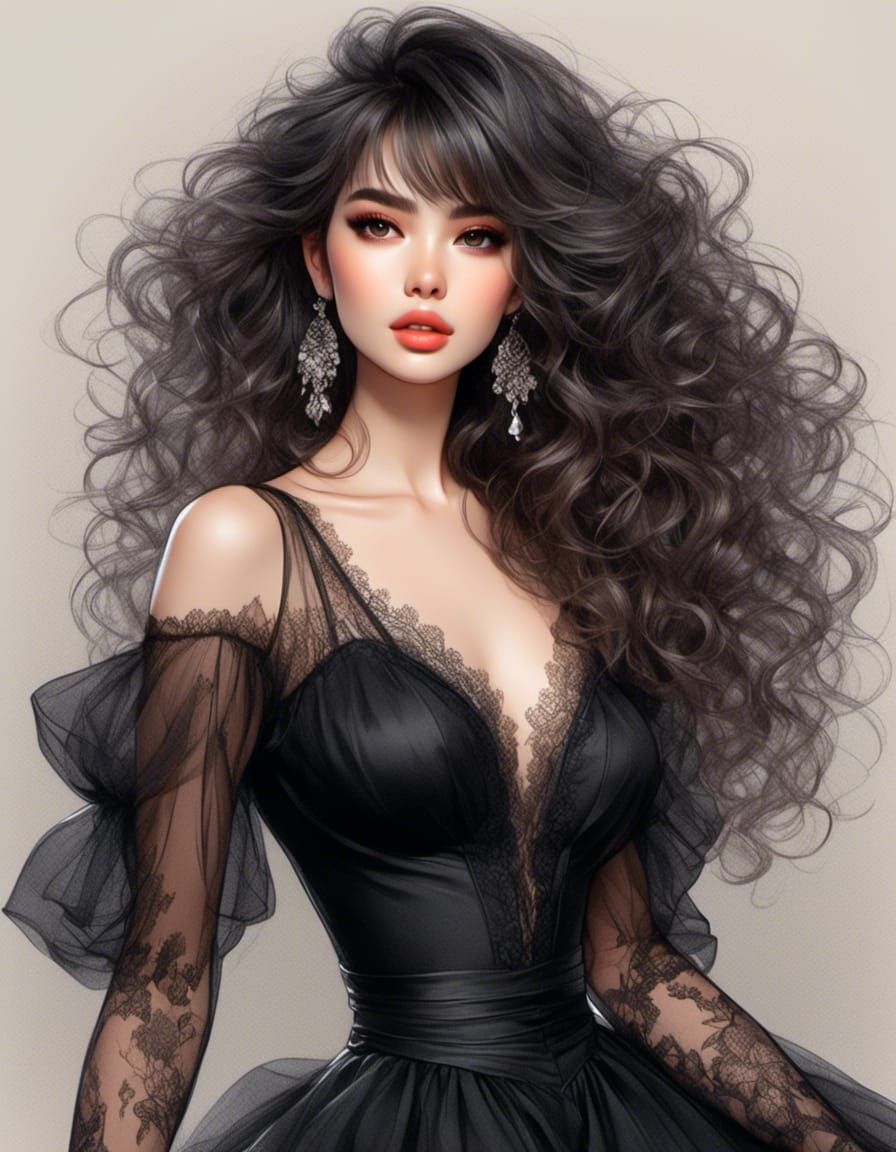 Curvy Anime Babe in Little Black Dress Sketch