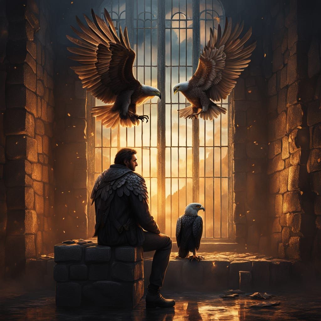 Surreal Dark Fantasy Scene with Eagle and Miserable Prisoner