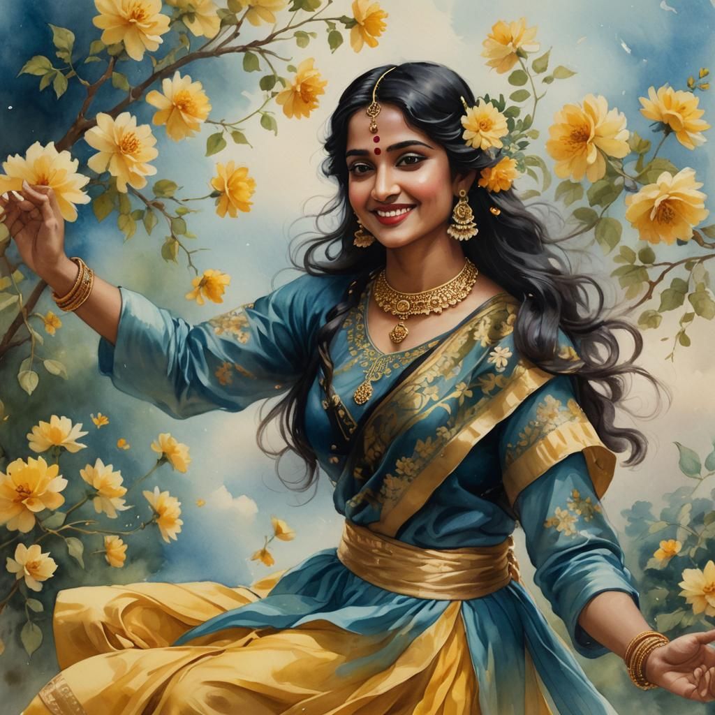 Dreamy Indian Dancer Portrait in Watercolor Style