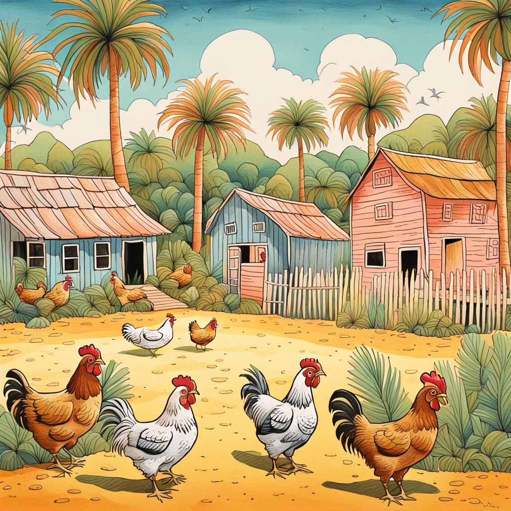 Naive Folk Art Chickens with Palm Trees
