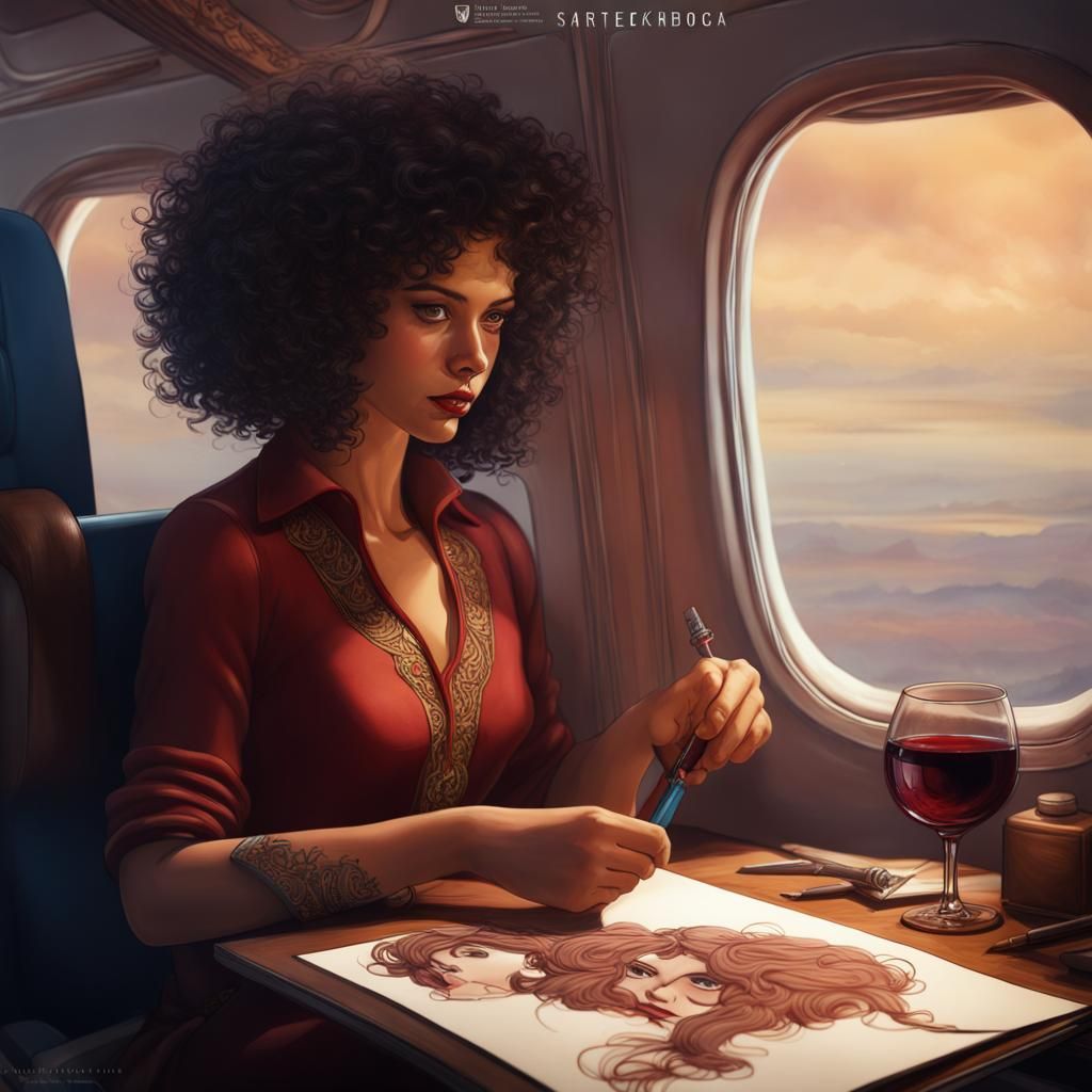 1970s Plane Journey: Woman with Wine, Detailed Matte Paintin...