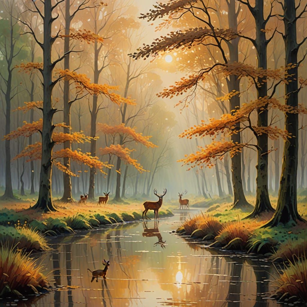 Impressionist Autumn Forest Glade with Roe Deer