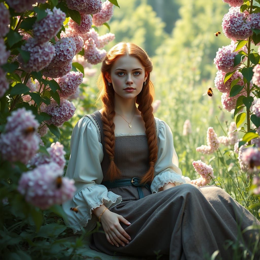 Medieval Woman in Herb Garden, Pre-Raphaelite Style