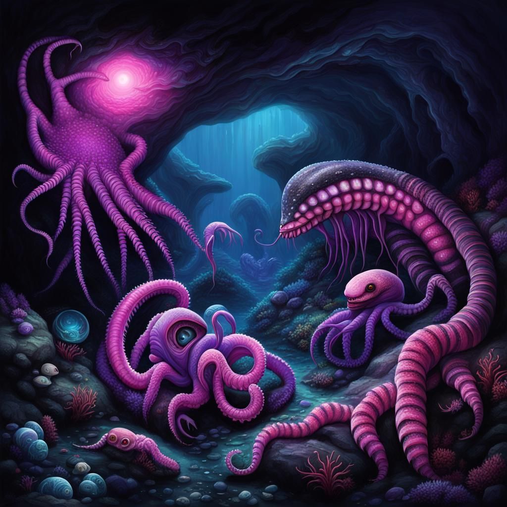 Alien Exoplanet: Neon Blacklight Cave Creatures