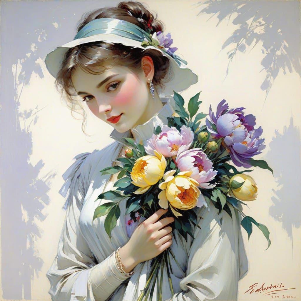 Auburn Beauty with Peony in Impressionist Style