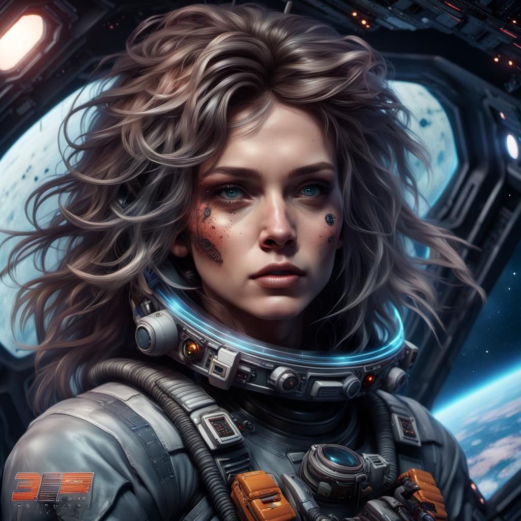 Female Space Pilot: Detailed Matte Painting
