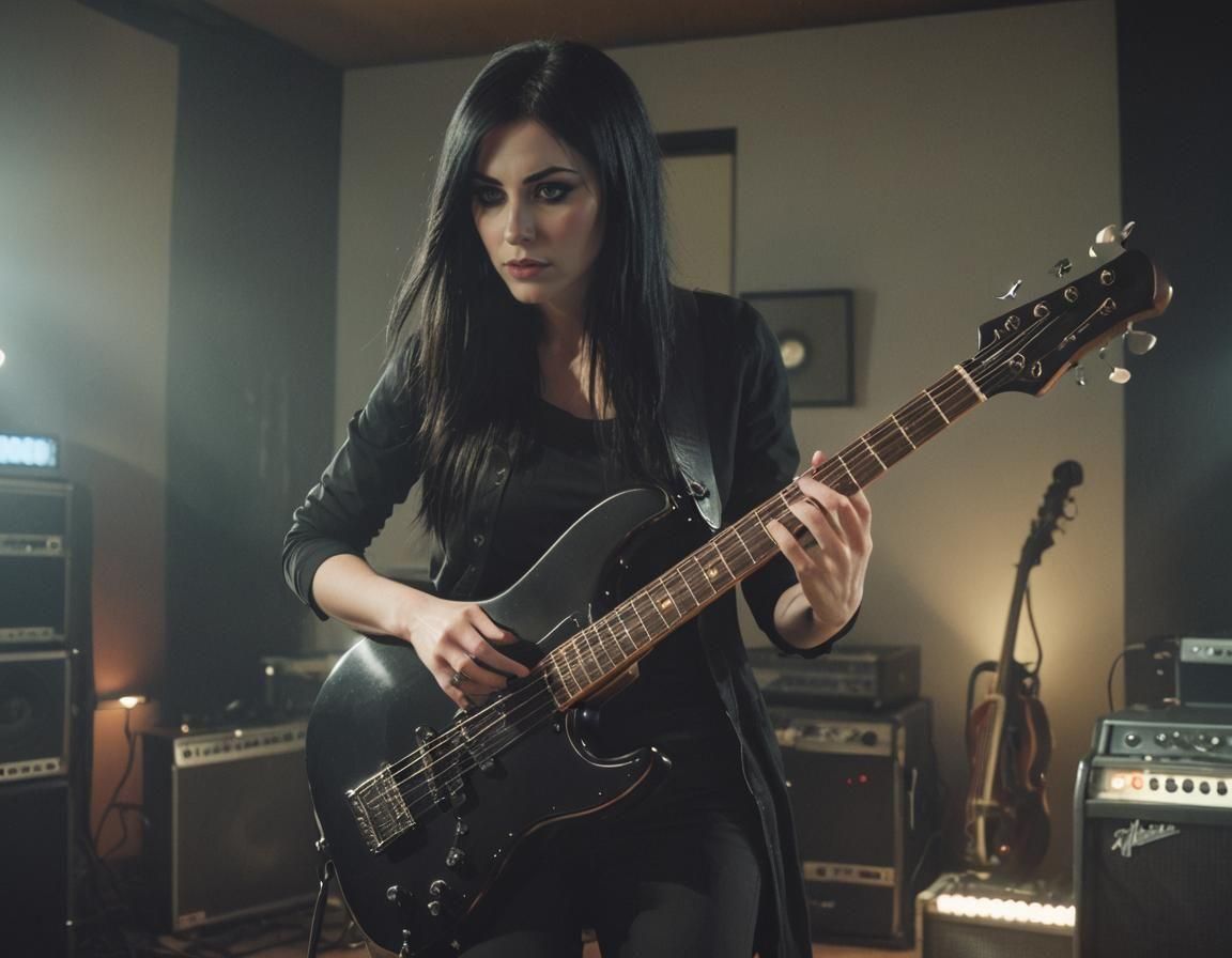 Woman Plays Bass Guitar in Home Recording Studio