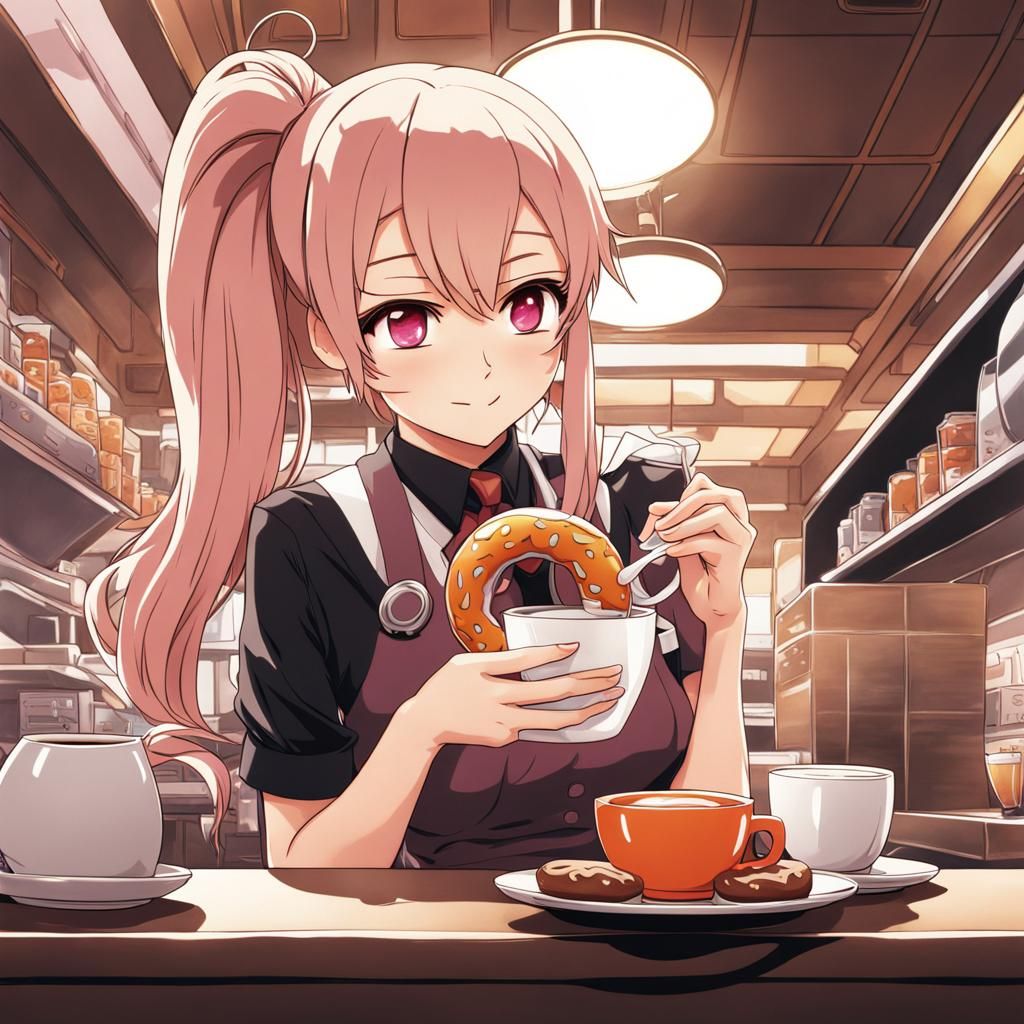 Dunkin' Server Dips Donut: Anime-Style Illustration