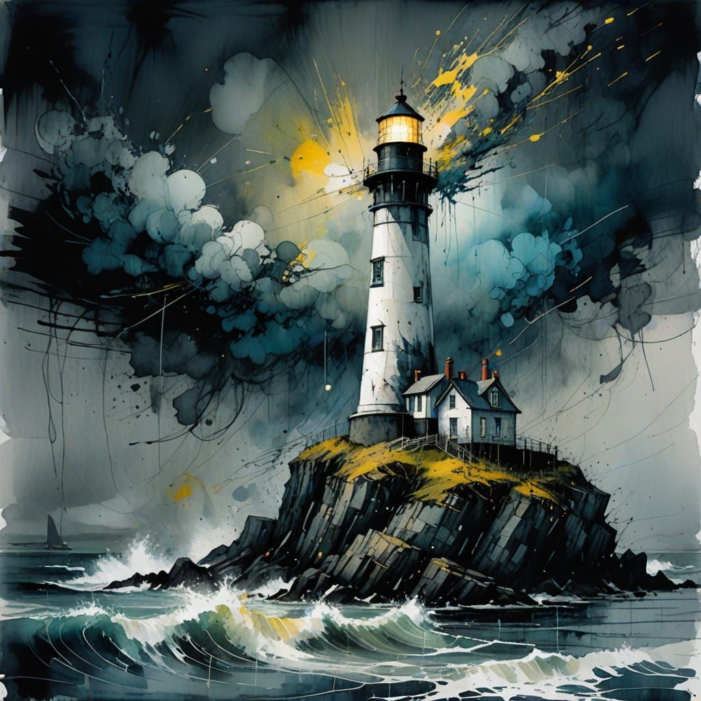 Stylised Watercolour Lighthouse in Turbulent Stormy Skies