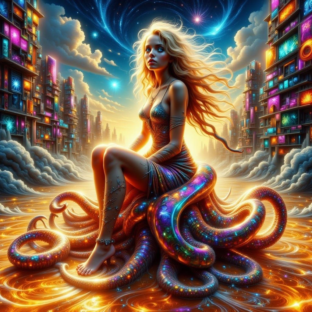 Luminous Bohemian Woman on Iridescent Squid