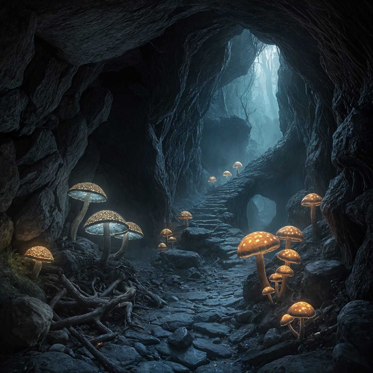 Gothic Cave of Ancient Wonders in Dark, Alien Landscape