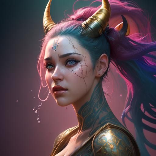 Woman with Horn: Hyperrealistic Splash Art Portrait