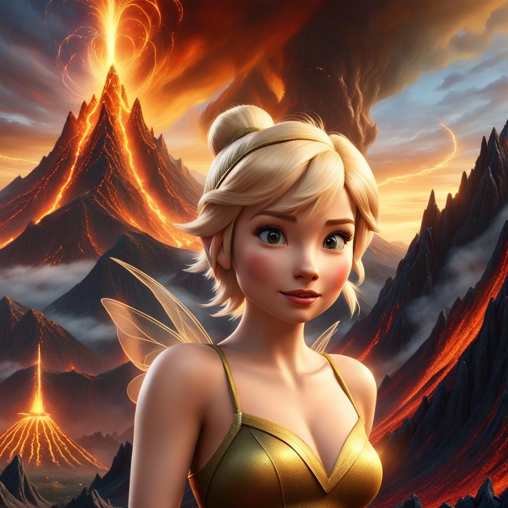 Tinkerbell at Mount Doom: A Dark Fantasy Scene