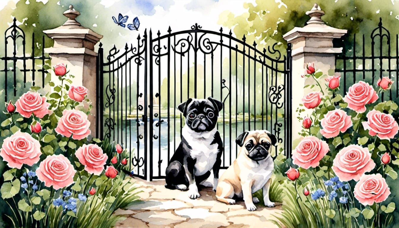 Pugs in Rose Garden, Antique Watercolor Style