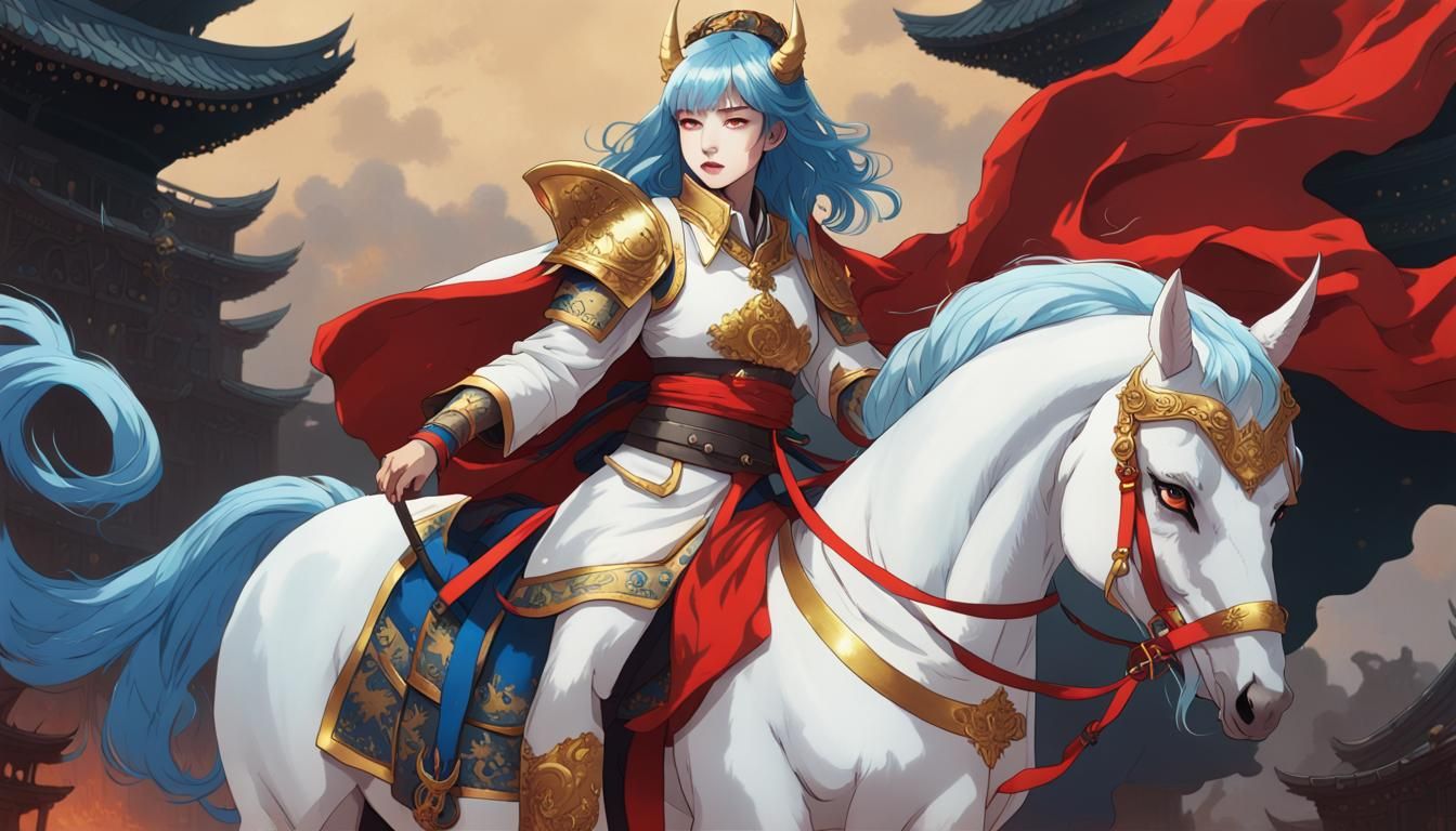 Korean Woman Rides Armored Horse in Smoky Battlefield