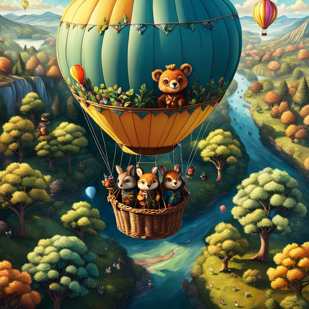 Woodland Creature's Hot Air Balloon Adventure: Mixed Media I...