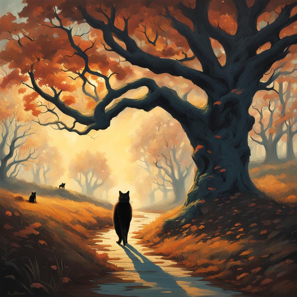 Mysterious Cat in Sinister Forest Landscape