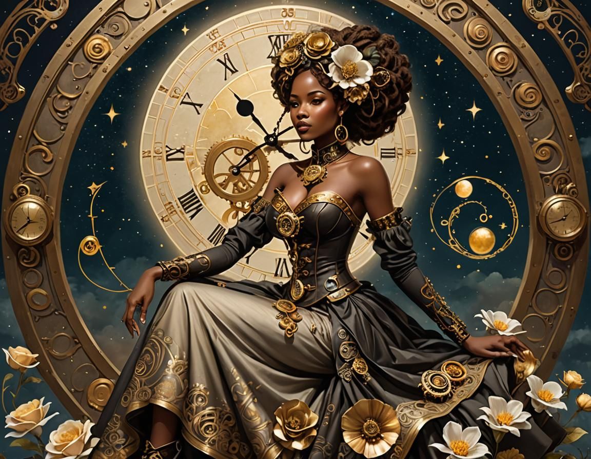 Steampunk African American Woman on Clockwork Moon