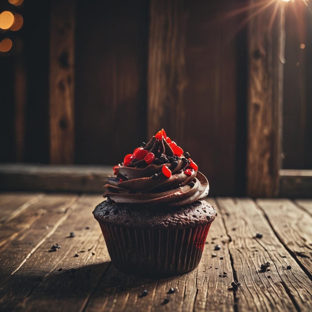 Chocolate Cupcake with Red Frosting in Golden Light