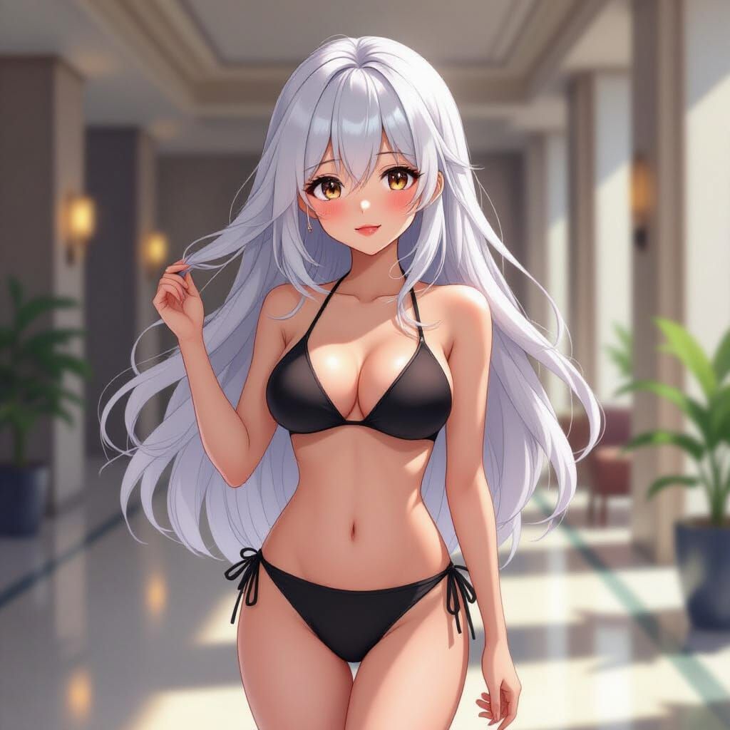 Anime Woman in Black Bikini, Dreamy Digital Art