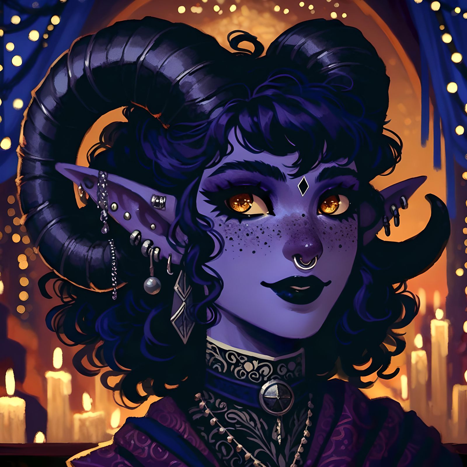 Tiefling Concept Art: Lavender Skin, Festive Backdrop