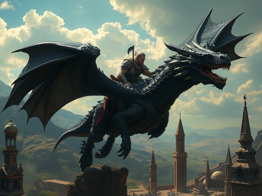 Black Dragon Rider Over Ancient Ruins